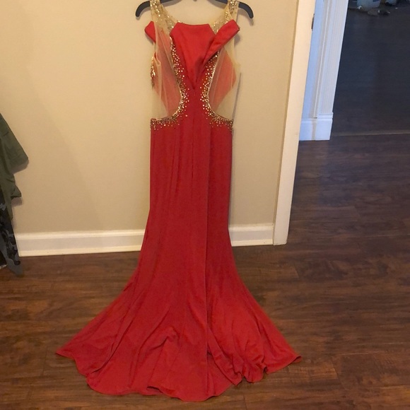 GLS Red With Gold Beads Long Prom Dress With Slit - Picture 10 of 14